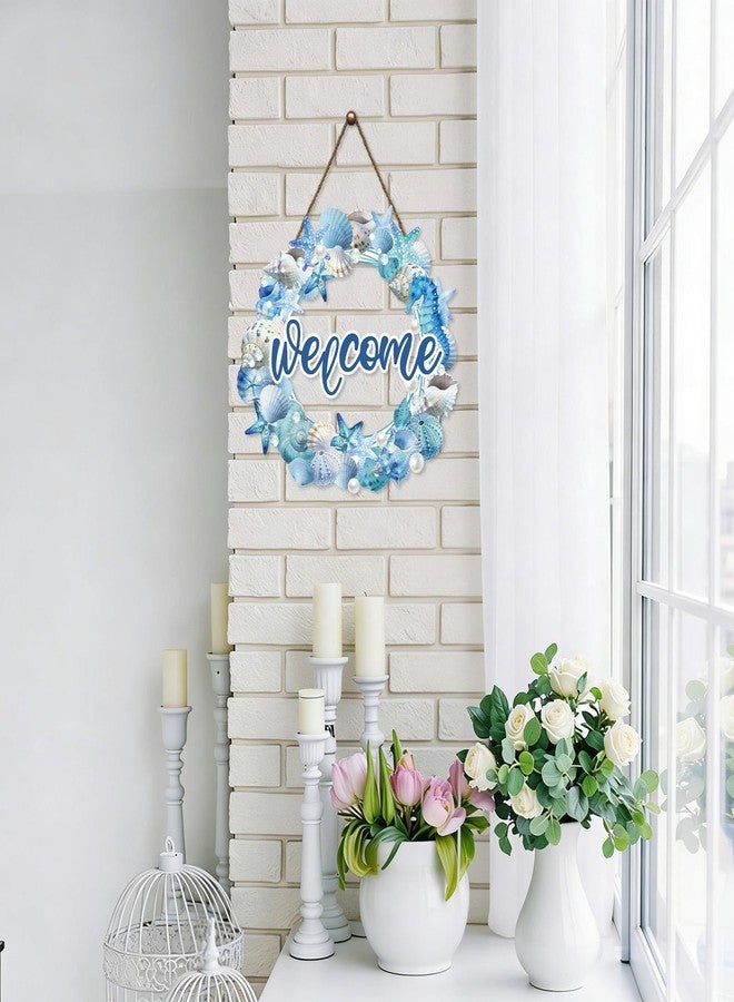 Harooni Summer Beach Wreath for Front Door Hello Summer Door Hanger Nautical Sea Welcome Sign Ocean Starfish Theme Decorations Wooden Plaque for Indoor Wall Hanging Outdoor Outside Porch 10.9"x10.9" - Image 3