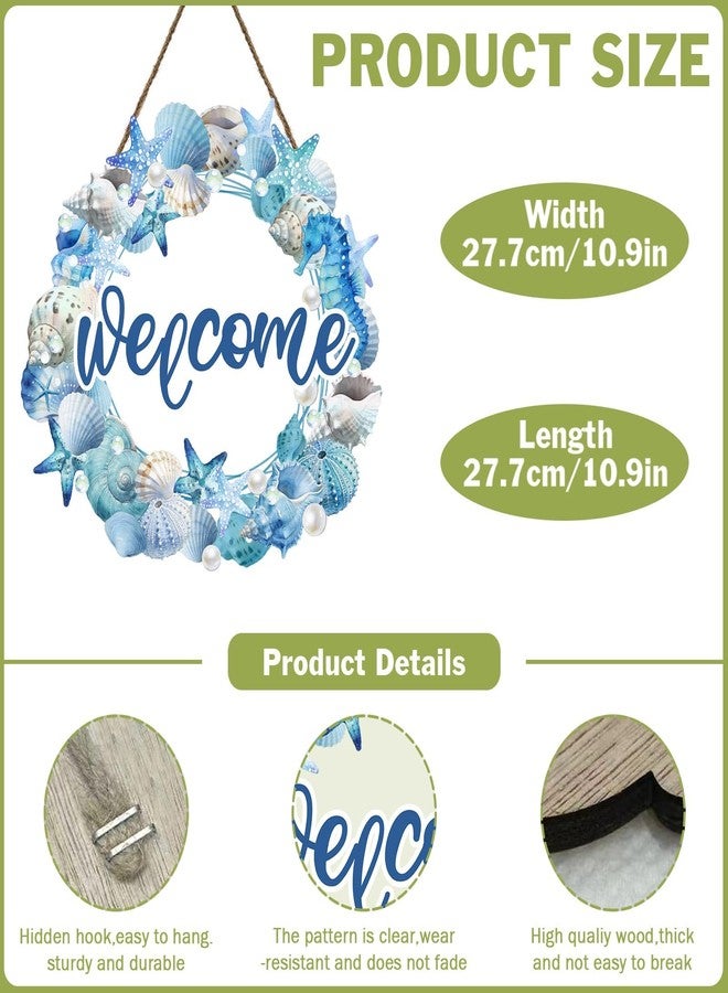 Harooni Summer Beach Wreath for Front Door Hello Summer Door Hanger Nautical Sea Welcome Sign Ocean Starfish Theme Decorations Wooden Plaque for Indoor Wall Hanging Outdoor Outside Porch 10.9"x10.9" - Image 2