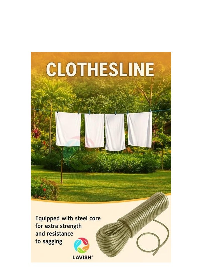 LAVISH Clothesline | 20M PVC Coated Wire Rope | Heavy Duty Stainless Steel Laundry Line | Rust Resistant & Anti-Sag | With Hanging Clips | For Home, Balcony, Outdoor, Camping Use - Image 3
