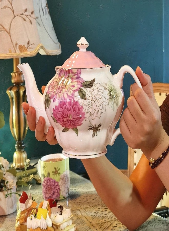 PULCHRITUDIE إبريق شاي من الخزف الصيني الفاخر من PULCHRITUDIE، طقم شاي إنجليزي، تصميم زهور داليا مع حافة ذهبية، 37 أونصة - Image 2