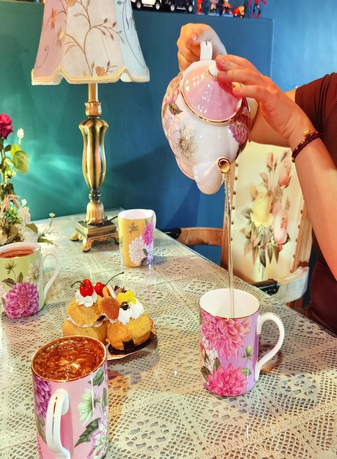 PULCHRITUDIE إبريق شاي من الخزف الصيني الفاخر من PULCHRITUDIE، طقم شاي إنجليزي، تصميم زهور داليا مع حافة ذهبية، 37 أونصة - Image 4