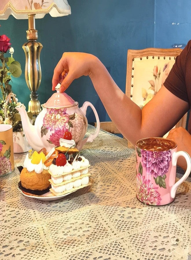 PULCHRITUDIE إبريق شاي من الخزف الصيني الفاخر من PULCHRITUDIE، طقم شاي إنجليزي، تصميم زهور داليا مع حافة ذهبية، 37 أونصة - Image 3