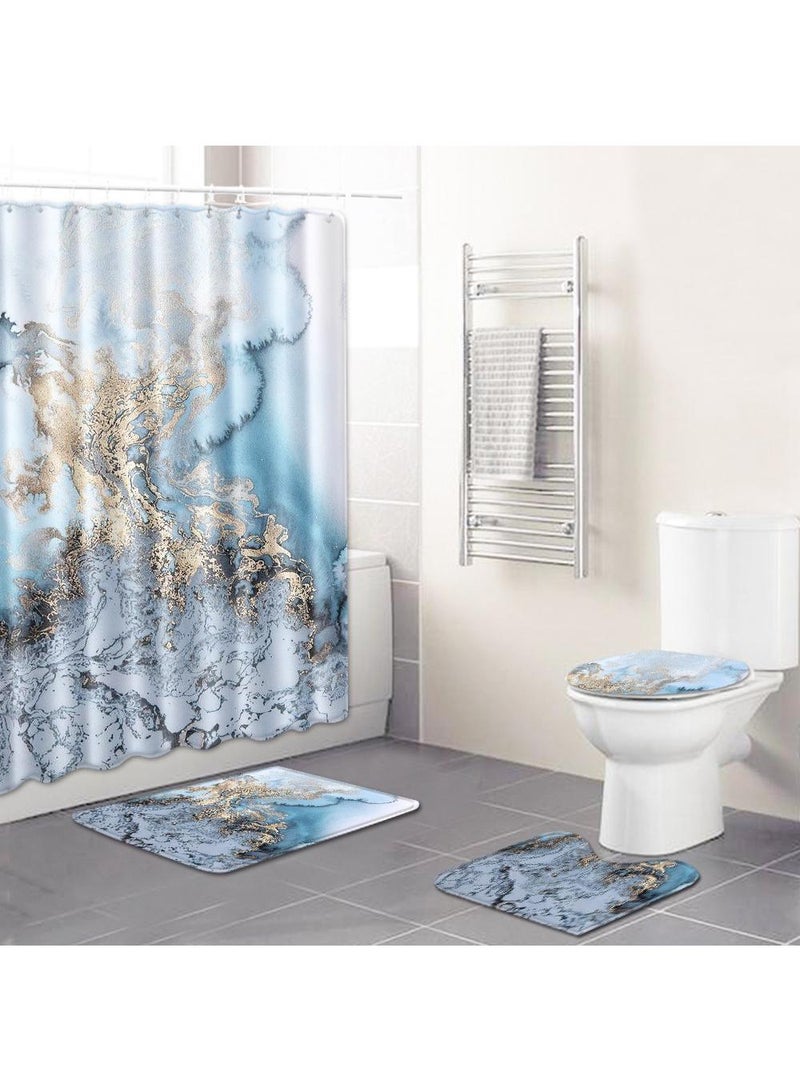 Bluejw 4-Piece Water-resistant Shower Curtain & Lid Toilet Cover Pedestal Rug Non-slip Bath Mat Bathroom Decoration Accessories - Image 1
