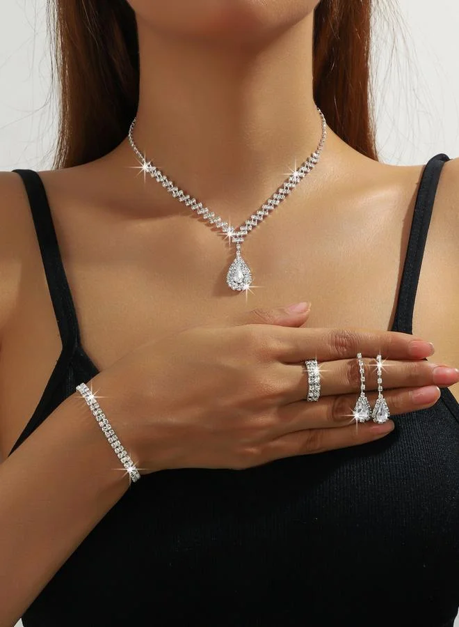Take Two Silver Crystal Necklace with Earrings and Bracelet and Ring Set