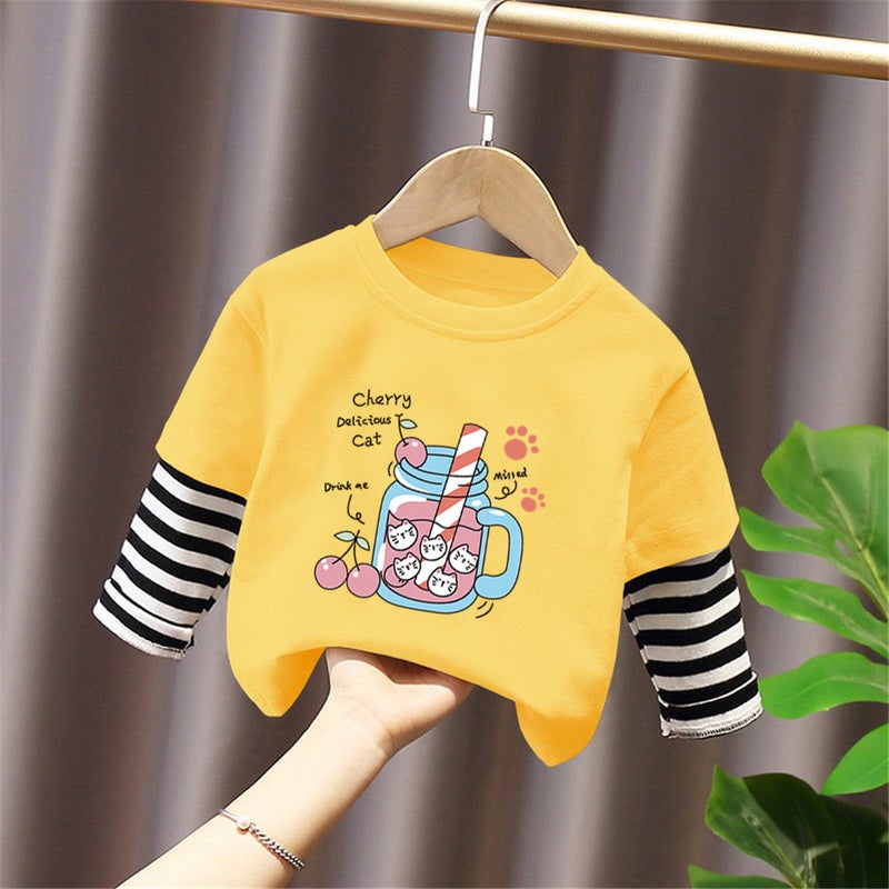G2049# Boys And Girls Long Sleeve T-Shirt Foreign New Children'S Cartoon Cute Round Neck Base Shirt Fake Two - Image 1