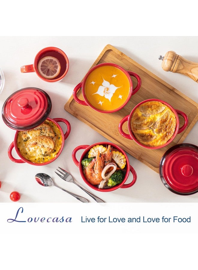 LOVECASA Mini Cocotte Set,12 OZ Small Casserole Dishes with Lids, Soup Bowls With Handles,Individual Baking Ramekins,Oven, Microwave & Dishwasher Safe,Set of 4,Red - Image 2