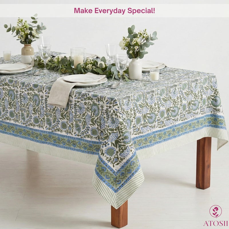 ATOSII Clover Blue 100% Cotton Rectangle Fall Tablecloth, Handblock Floral Linen Table Cloth for Kitchen Dining Table I Parties Christmas Thanksgiving I Fall Home Decor 60 X 108 Inches I 8 Seater - Image 4