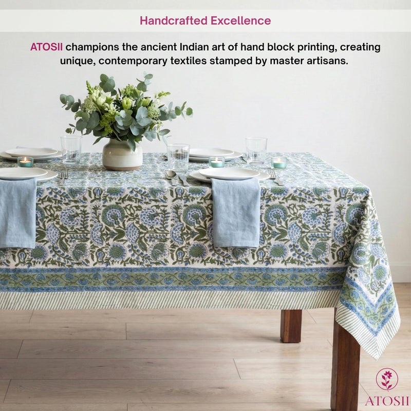 ATOSII Clover Blue 100% Cotton Rectangle Fall Tablecloth, Handblock Floral Linen Table Cloth for Kitchen Dining Table I Parties Christmas Thanksgiving I Fall Home Decor 60 X 108 Inches I 8 Seater - Image 3