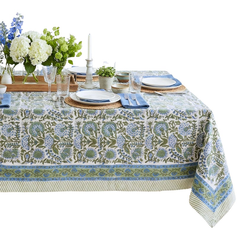 ATOSII Clover Blue 100% Cotton Rectangle Fall Tablecloth, Handblock Floral Linen Table Cloth for Kitchen Dining Table I Parties Christmas Thanksgiving I Fall Home Decor 60 X 108 Inches I 8 Seater - Image 1