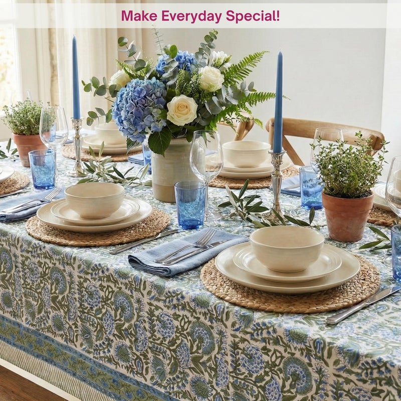 ATOSII Clover Blue 100% Cotton Rectangle Fall Tablecloth, Handblock Floral Linen Table Cloth for Kitchen Dining Table I Parties Christmas Thanksgiving I Fall Home Decor 60 X 108 Inches I 8 Seater - Image 5