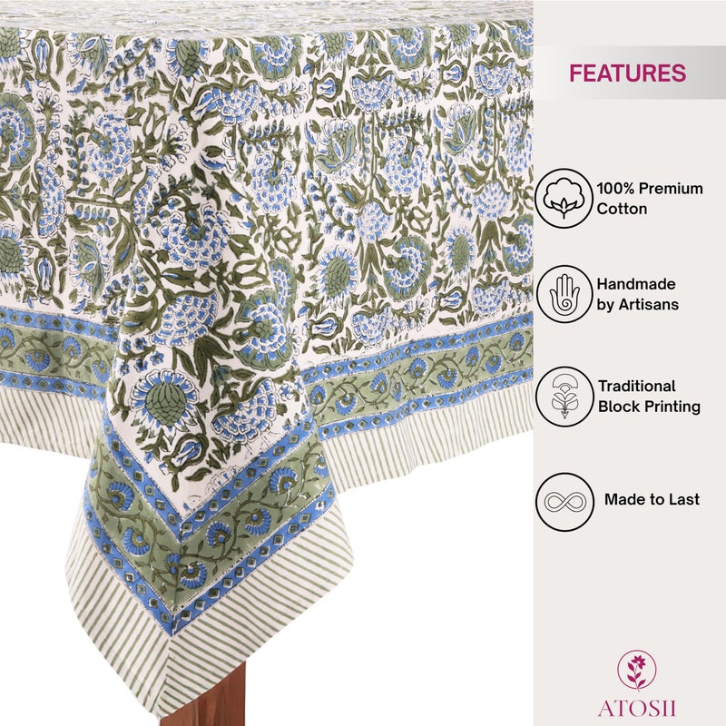 ATOSII Clover Blue 100% Cotton Rectangle Fall Tablecloth, Handblock Floral Linen Table Cloth for Kitchen Dining Table I Parties Christmas Thanksgiving I Fall Home Decor 60 X 108 Inches I 8 Seater - Image 2