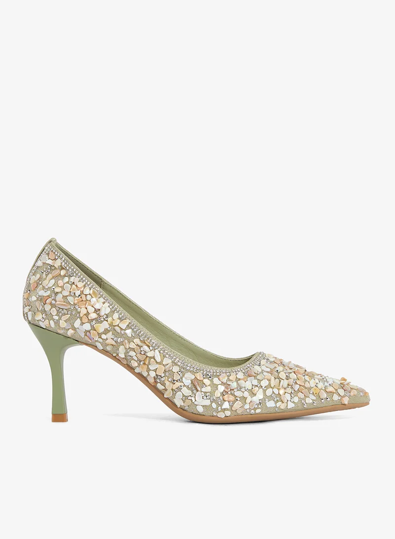 Rhinestone Embellished Detail Mid Heel Pumps