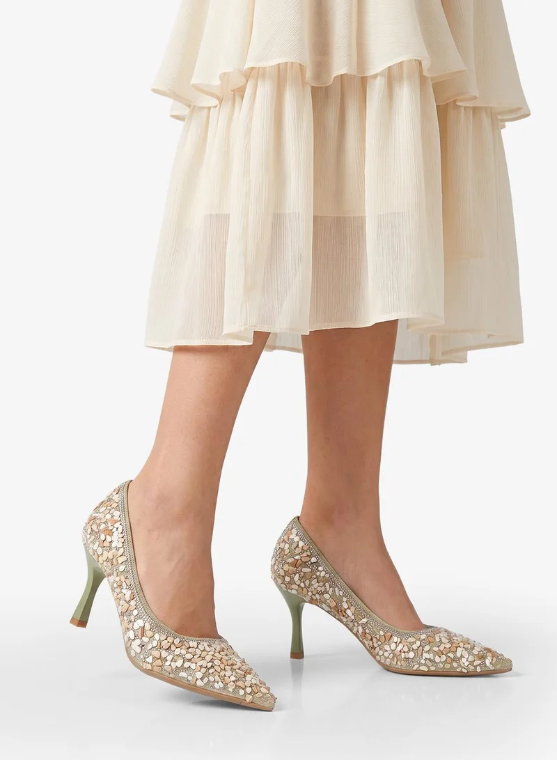 Rhinestone Embellished Detail Mid Heel Pumps