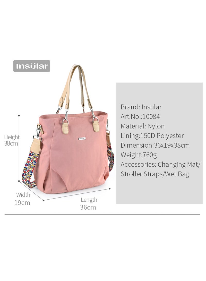 insular Baby Diaper Bag , Waterproof Nylon Tote and Shoulder Mommy Bag, Large Capacity Maternity Travel Bag with Stroller Straps and Changing Pad(Pink) - Image 2