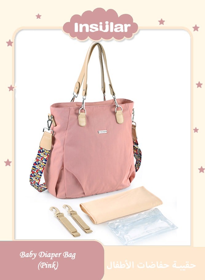 insular Baby Diaper Bag , Waterproof Nylon Tote and Shoulder Mommy Bag, Large Capacity Maternity Travel Bag with Stroller Straps and Changing Pad(Pink) - Image 1