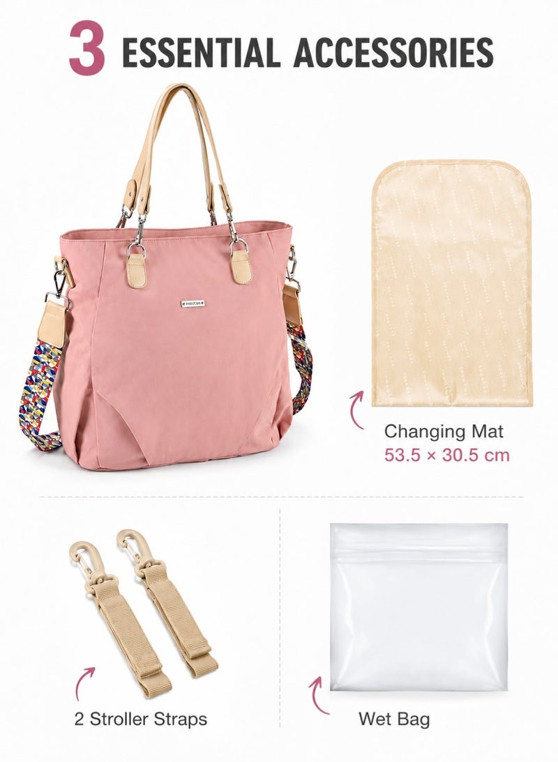 insular Baby Diaper Bag, Waterproof Nylon Tote and Shoulder Mommy Bag, Large Capacity Mommy Bag with Stroller Straps and Changing Pad, 3-in-1 Carry Baby Nappy Bag, Machine Washable Travel Tote for Mom (Pink) - Image 3