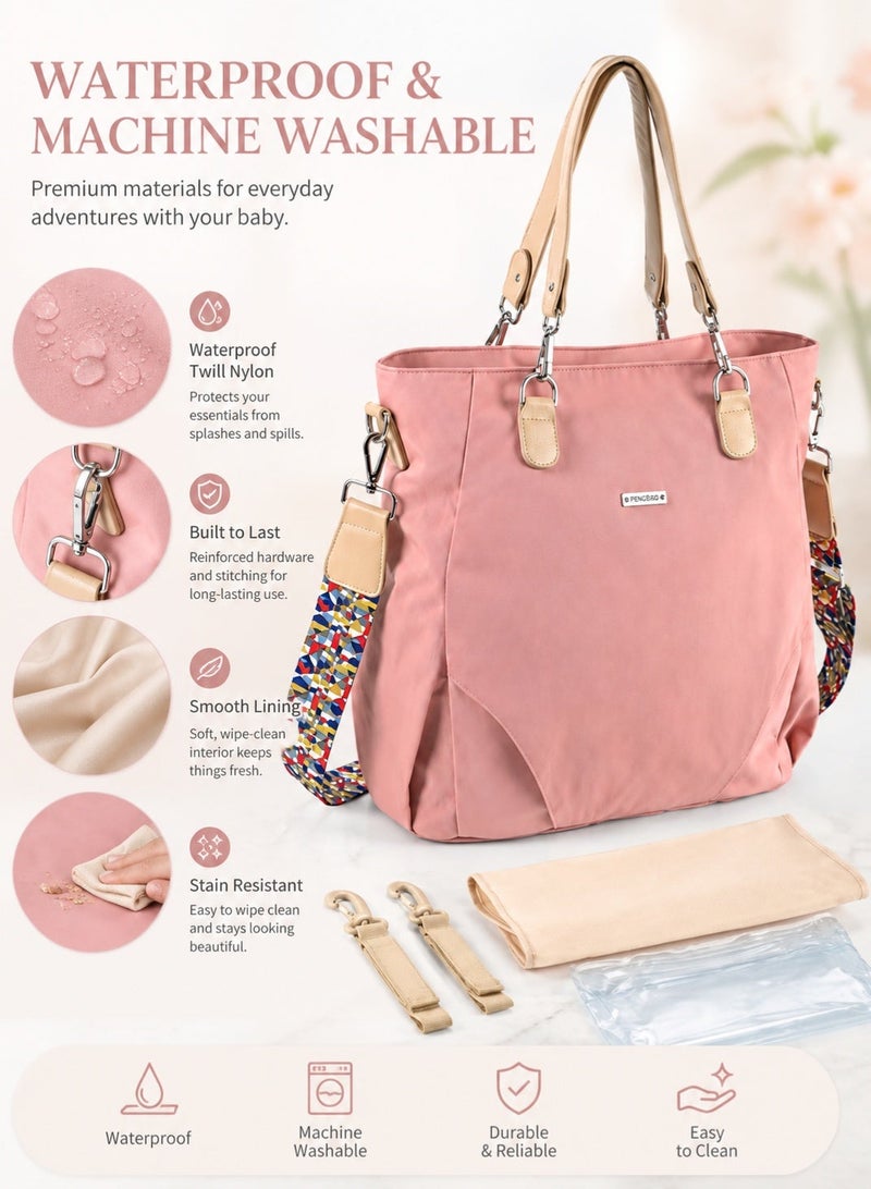 insular Baby Diaper Bag, Waterproof Nylon Tote and Shoulder Mommy Bag, Large Capacity Mommy Bag with Stroller Straps and Changing Pad, 3-in-1 Carry Baby Nappy Bag, Machine Washable Travel Tote for Mom (Pink) - Image 4