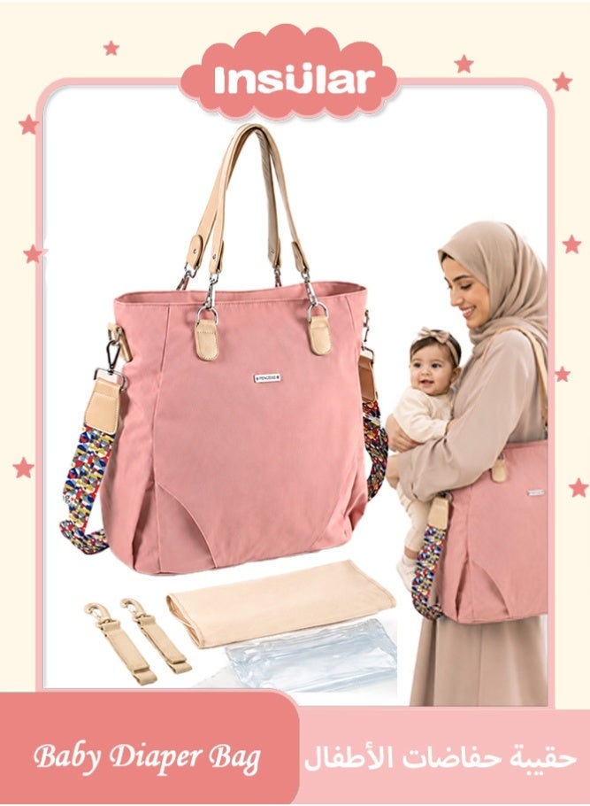 insular Baby Diaper Bag, Waterproof Nylon Tote and Shoulder Mommy Bag, Large Capacity Mommy Bag with Stroller Straps and Changing Pad, 3-in-1 Carry Baby Nappy Bag, Machine Washable Travel Tote for Mom (Pink) - Image 1
