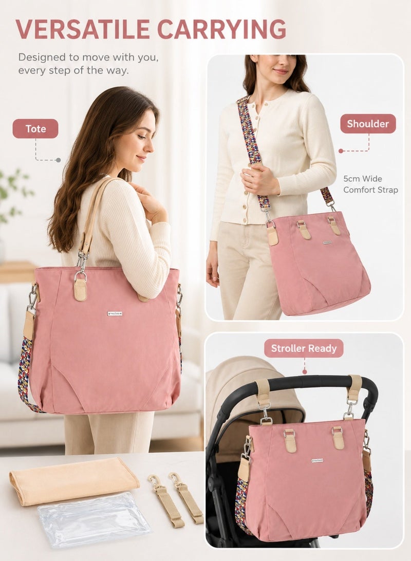 insular Baby Diaper Bag, Waterproof Nylon Tote and Shoulder Mommy Bag, Large Capacity Mommy Bag with Stroller Straps and Changing Pad, 3-in-1 Carry Baby Nappy Bag, Machine Washable Travel Tote for Mom (Pink) - Image 5
