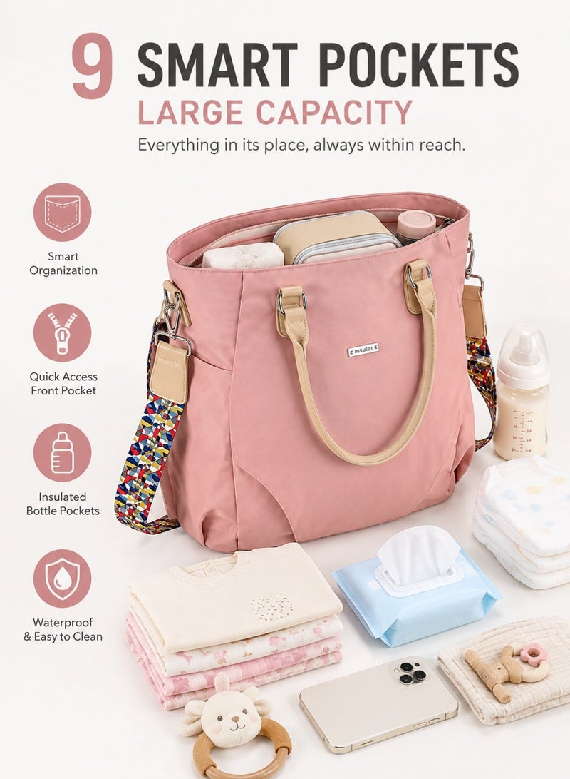 insular Baby Diaper Bag, Waterproof Nylon Tote and Shoulder Mommy Bag, Large Capacity Mommy Bag with Stroller Straps and Changing Pad, 3-in-1 Carry Baby Nappy Bag, Machine Washable Travel Tote for Mom (Pink) - Image 2