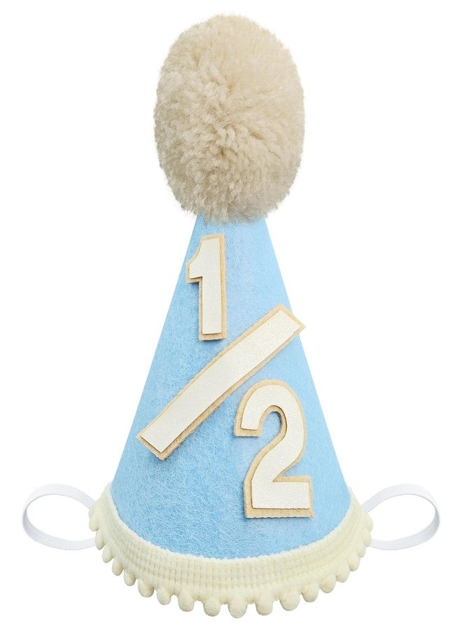 D-Fokes Baby Half Birthday Hat, 1/2 Birthday Crown with Cute Pompom, 6 Month Blue Glitter Party Hat for Boys & Girls,Baby Party Cone Hat, Mini Photo Prop Decorations - Image 1