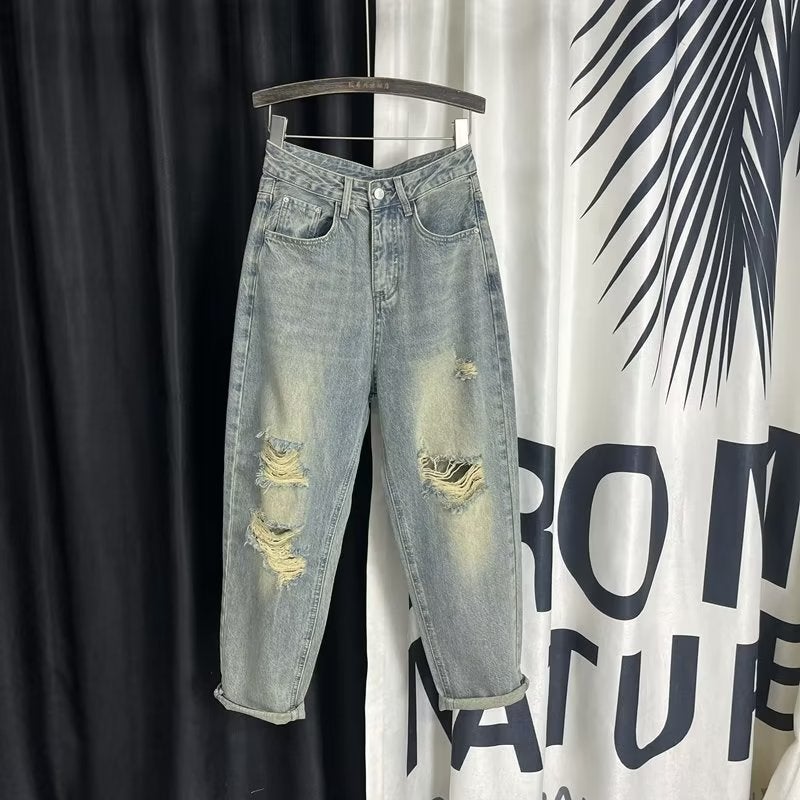 Fashion Ripped Jeans Women'S Spring/Autumn 2023 New High Waist Retro Old Loose Torre Pants Cropped Pants