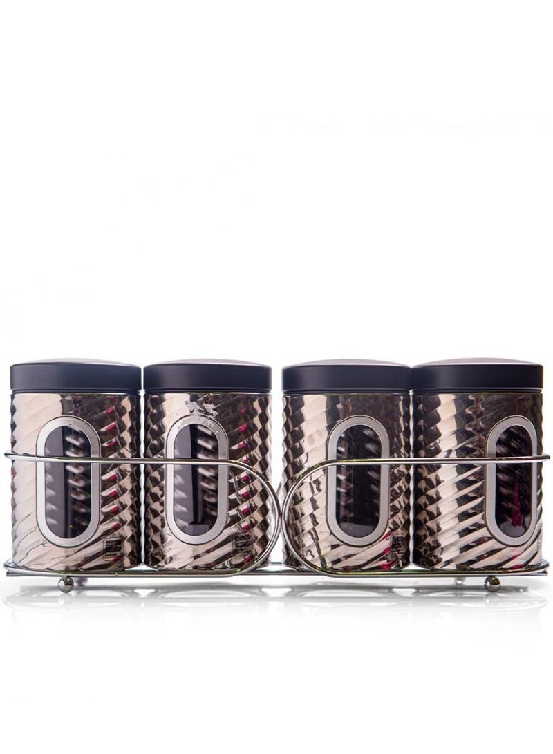 BASURRAH A set of 4 Stainless Steel Containers For Spices Sugar Tea And Coffee With A Stand