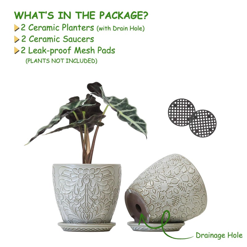 Bestseler 6 Inch Ceramic Planter Pots with Drainage Hole and Saucers for Indoor Plants, Garden Pots for Succulent, Orchid, and Flower - Set of 2 - Image 2