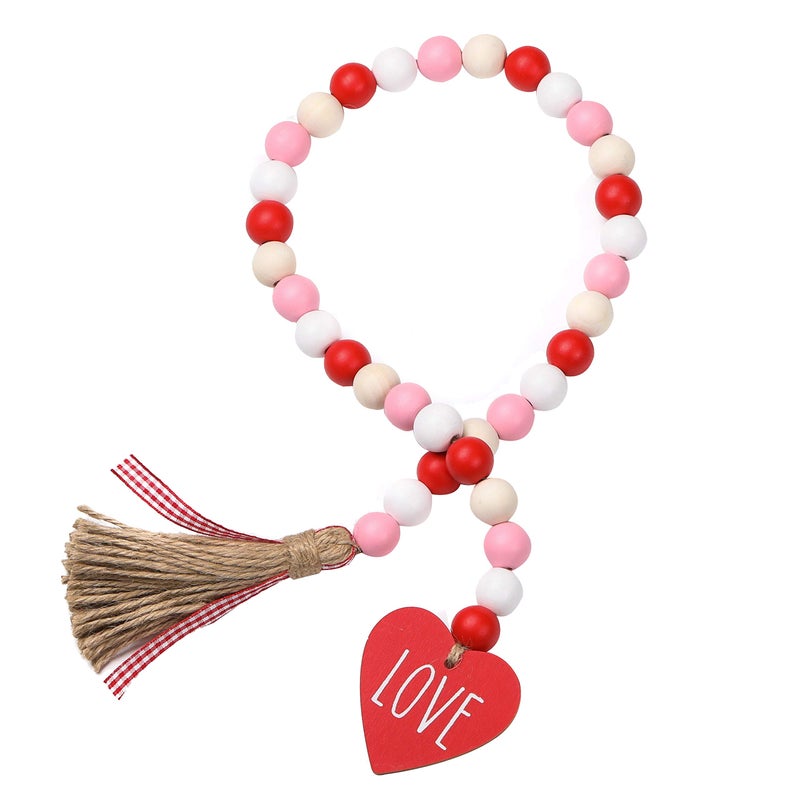 OWOYDOJ Valentineâ€™s Day Wood Bead Garland with Tassels and Love Heart Shaped Wooden Embellishments Rustic Farmhouse Tiered Tray Wedding Decorations Home Decor (Red & White Love) - Image 1