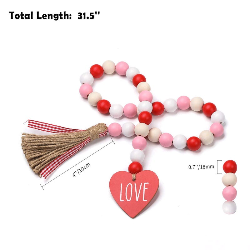 OWOYDOJ Valentineâ€™s Day Wood Bead Garland with Tassels and Love Heart Shaped Wooden Embellishments Rustic Farmhouse Tiered Tray Wedding Decorations Home Decor (Red & White Love) - Image 2