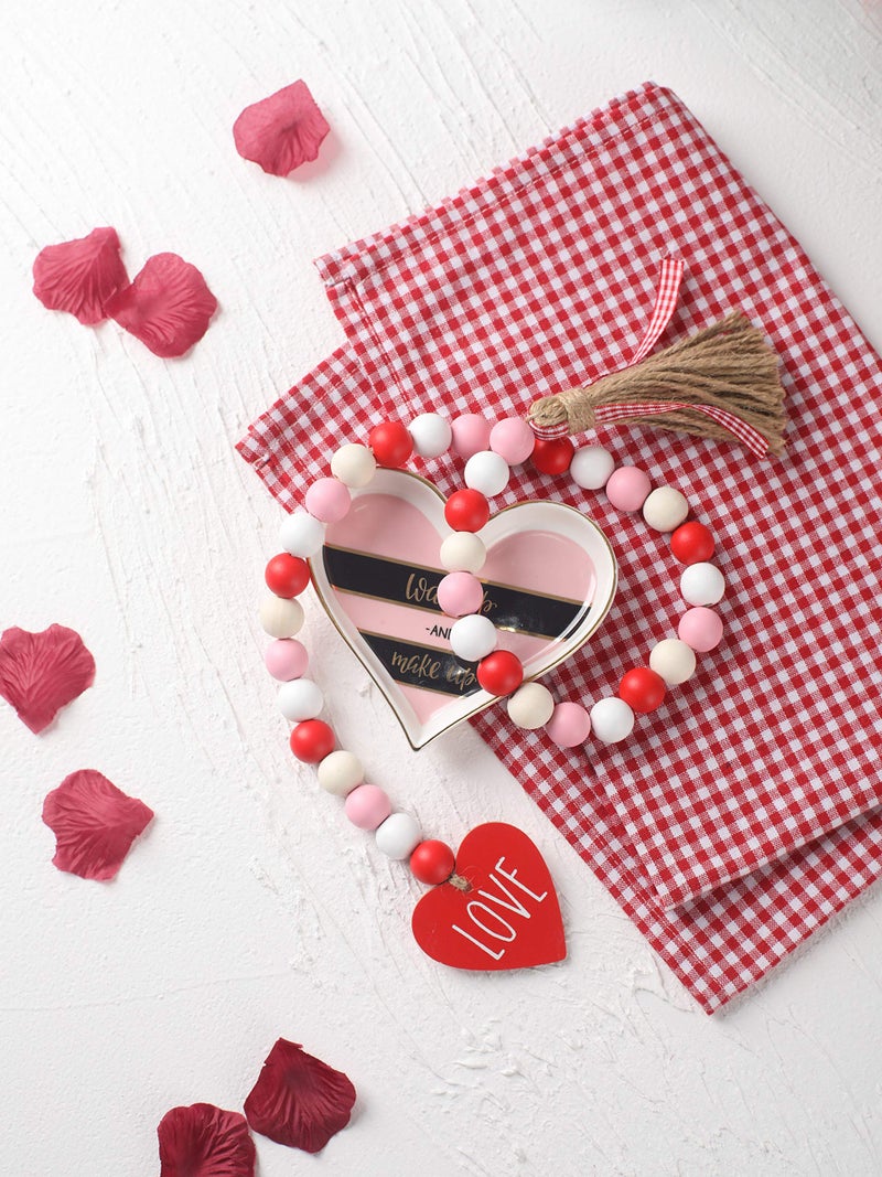 OWOYDOJ Valentineâ€™s Day Wood Bead Garland with Tassels and Love Heart Shaped Wooden Embellishments Rustic Farmhouse Tiered Tray Wedding Decorations Home Decor (Red & White Love) - Image 4