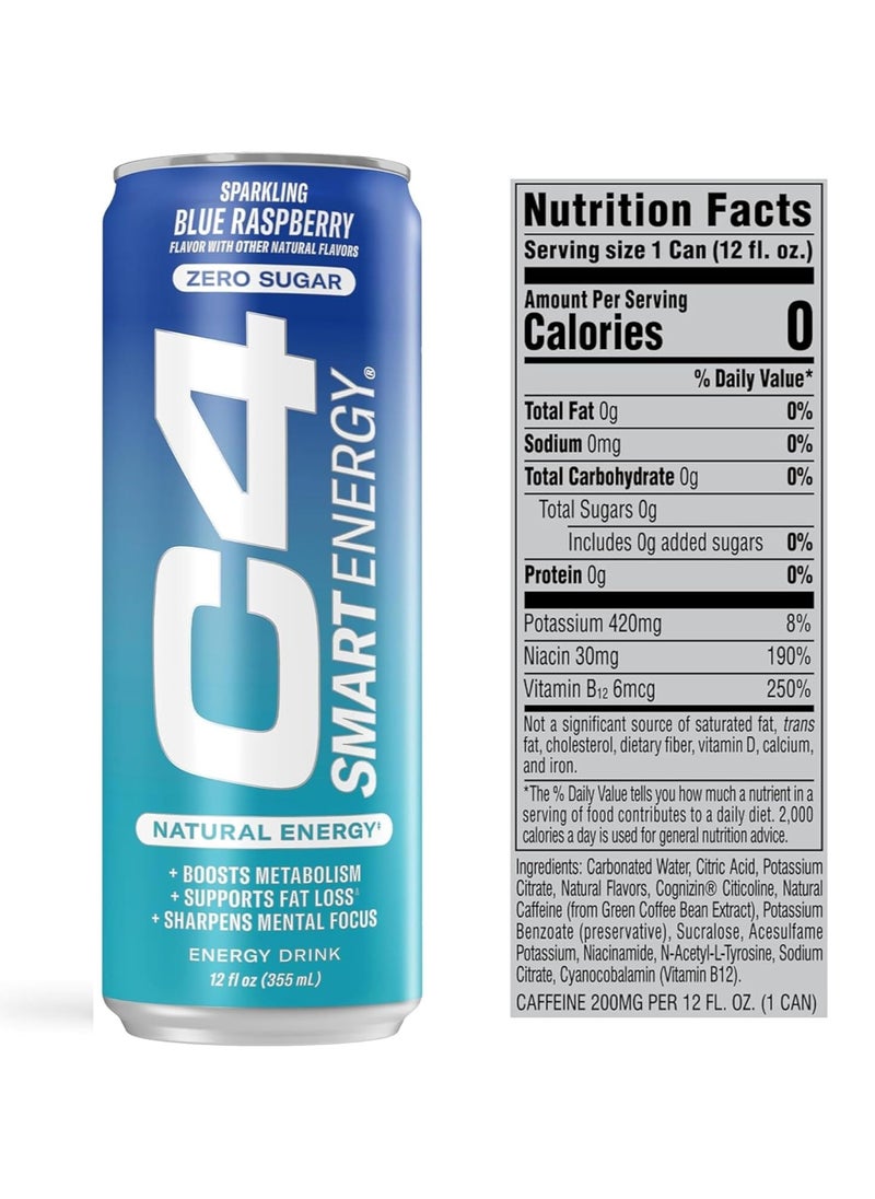 C4 - C4 Smart Energy Drink Sparkling Blue Raspberry 355 ml Pack of 12 - Image 1