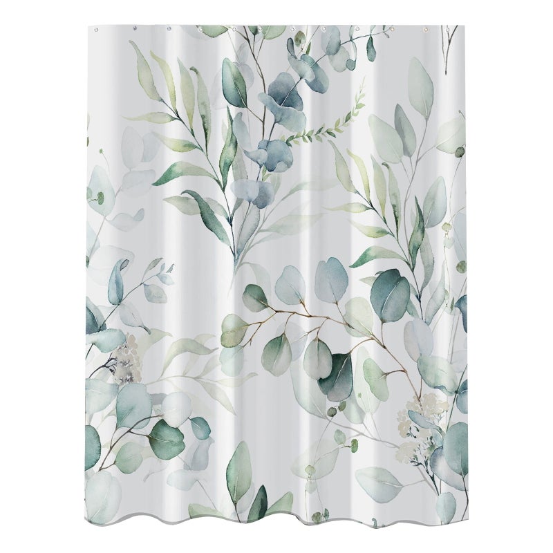 Watercolor Eucalyptus Leaf Flower Shower Curtain Modern Plant Style Fabric Bathroom Curtain  white - Image 2
