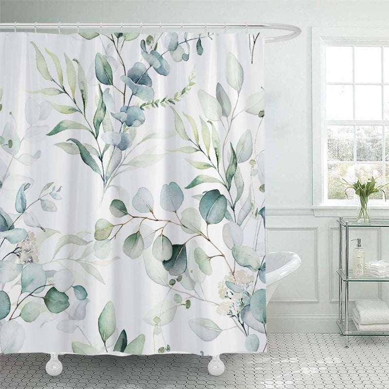 Watercolor Eucalyptus Leaf Flower Shower Curtain Modern Plant Style Fabric Bathroom Curtain  white - Image 1