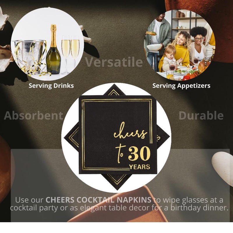 Ottin Black Cheers to 30 Years Cocktail Napkins  5x5 Inches  50 Counts  3-Ply Disposable Party Napkins for 30th Birthdays Decorations  Anniversaries  Weddings  Indoor & Outdoor Celebrations  Gold Foil - Image 3