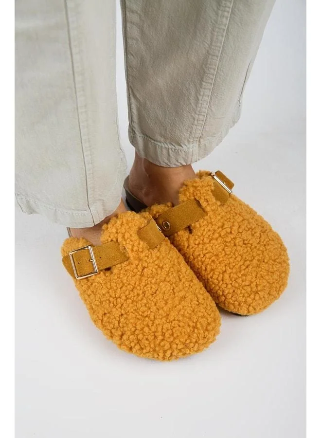 Manijero  Suzen Women's Genuine Leather Belted Tedy Mustard Slippers. for Women | Best Price UAE