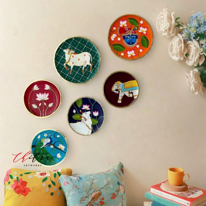 Chitra Artworks Chitra artworks_Pichwai Painting on Wooden Round PlatesHand Painted Beautiful Pichwai CombinationMulticolour set  - Image 2