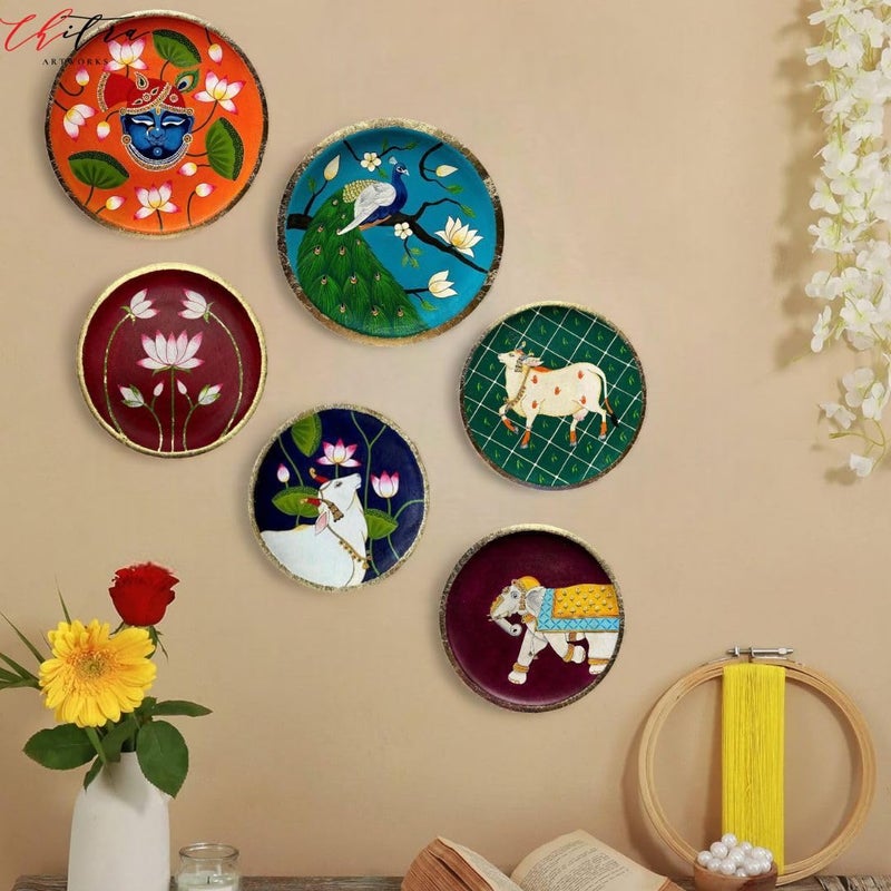 Chitra Artworks Chitra artworks_Pichwai Painting on Wooden Round PlatesHand Painted Beautiful Pichwai CombinationMulticolour set  - Image 1