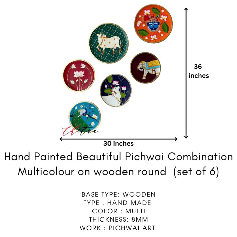 Chitra Artworks Chitra artworks_Pichwai Painting on Wooden Round PlatesHand Painted Beautiful Pichwai CombinationMulticolour set  - Image 4