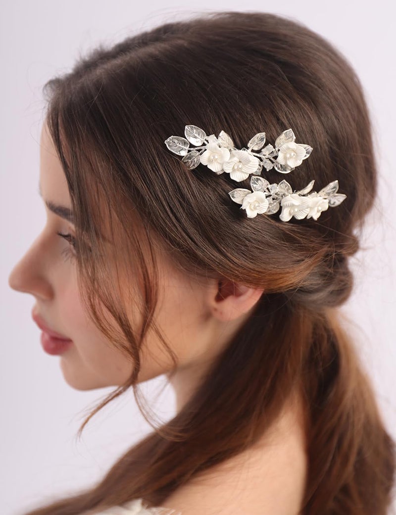 BERYUAN Vintage Leaf Flowers Hair Side Comb Silver Leaf Flowers Pearls Hair Comb for Wedding Silver Handmade Headpiece for Wedding Wedding Hair Accessories for Women Girls for Bride2pcs