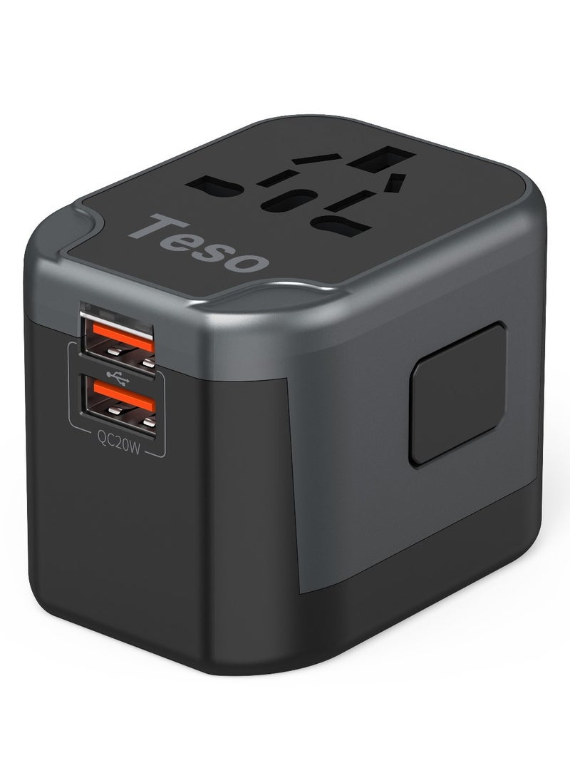 Universal Travel Adapter 20W Ultra-Fast Charging with 1 USB-C PD and 2 USB-A QC Ports