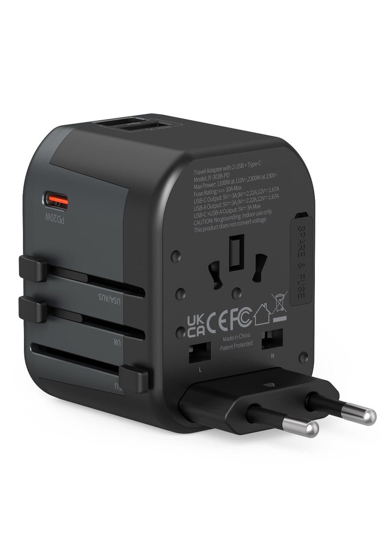 Universal Travel Adapter 20W Ultra-Fast Charging with 1 USB-C PD and 2 USB-A QC Ports