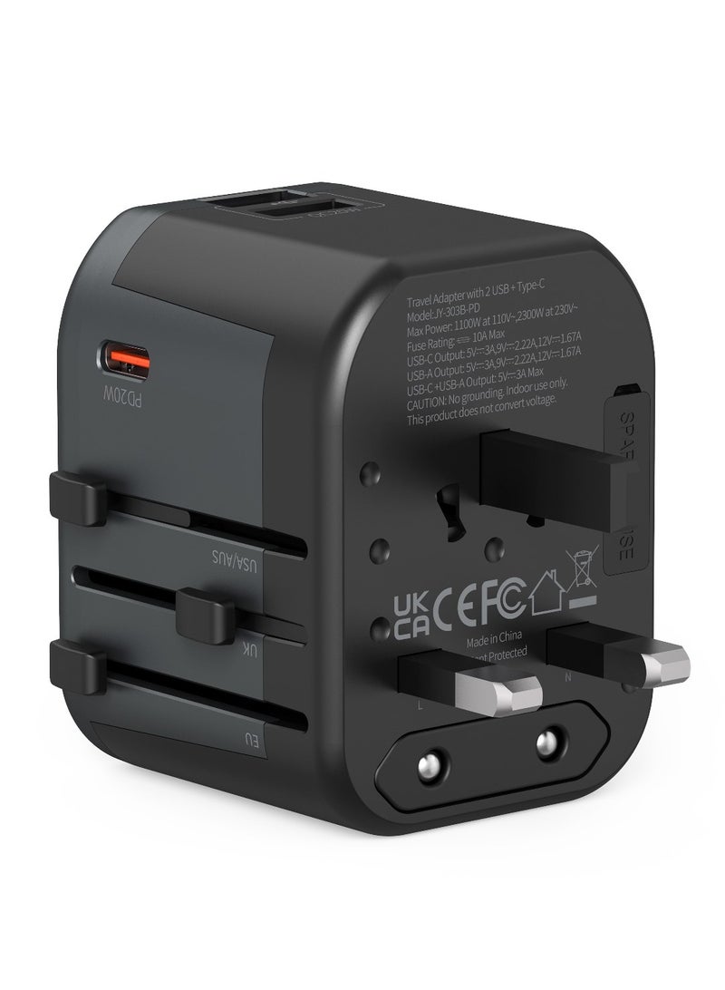 Universal Travel Adapter 20W Ultra-Fast Charging with 1 USB-C PD and 2 USB-A QC Ports