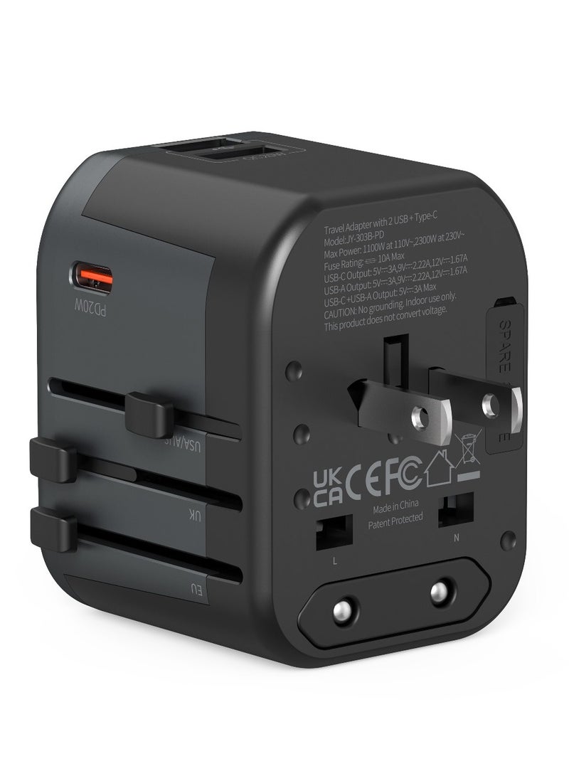 Universal Travel Adapter 20W Ultra-Fast Charging with 1 USB-C PD and 2 USB-A QC Ports