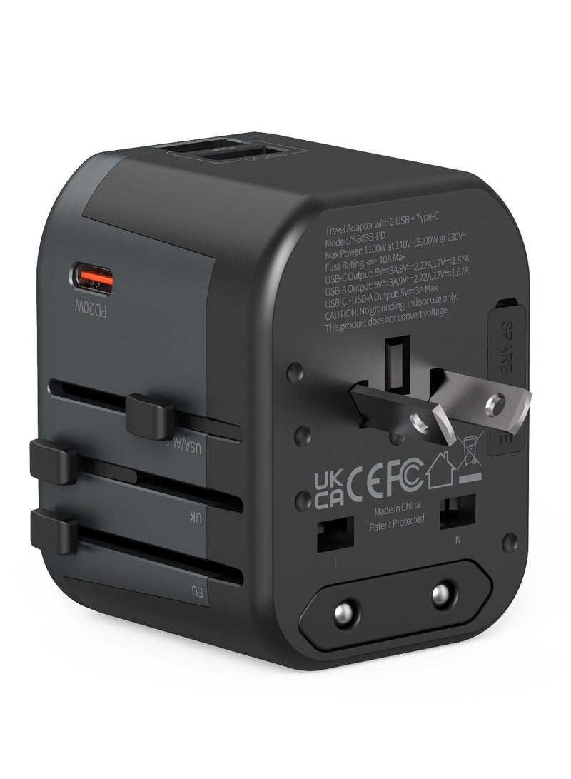 Universal Travel Adapter 20W Ultra-Fast Charging with 1 USB-C PD and 2 USB-A QC Ports