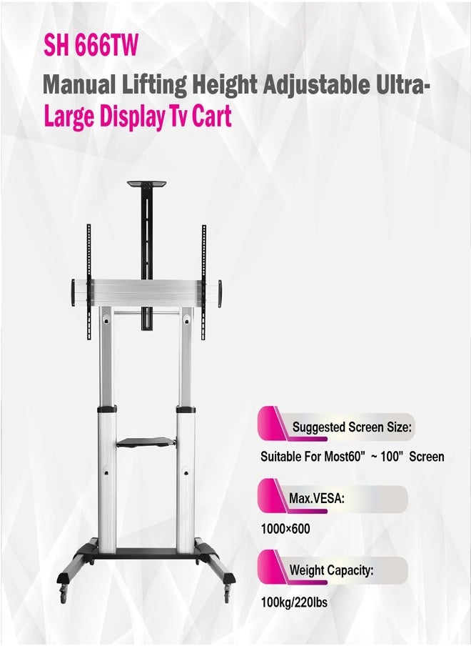 Skill Tech SH 666TW Large Screen Telescopic Height Adjustable Aluminium TV Cart for 60–100 Inch Screens, VESA 1000x600, Max Load 100kg – Heavy Duty Rolling TV Stand  Black  - Image 3