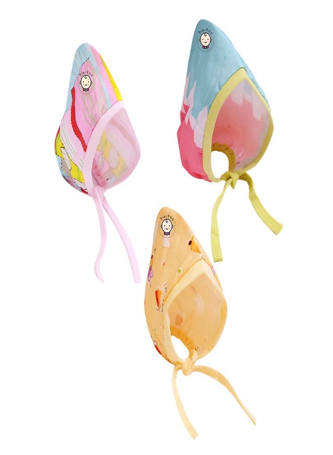 PIKIPOO Premium Soft Pure Cotton Caps with Tai Knot and Bonnet Infant Unisex Hat/Topi Pack of 3 Pcs. Multicolor (6-12 Months, Multi) - Image 1