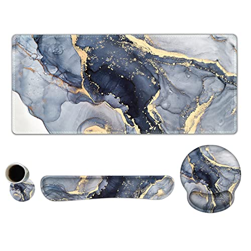 ARTSO Large Mouse Pad Ergonomic Keyboard Wrist Rest Support Combo, Memory Foam Gel Extended Desk Mat Protector, Non-Slip Desk Blotter, Dark Blue Marble - Image 1