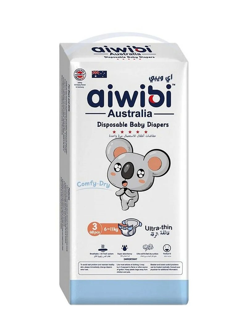 aiwibi حفاضات أيويبي المريحة الجافة بأسلوب الشريط، قابلة للتنفس، فائقة النعومة، سريعة الامتصاص، الحجم 3 - 48 قطعة