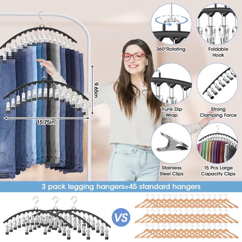 Besslly 3 Pack Legging Organizer for Closet Hanging, Pants Hangers with Clips Holds 45 Leggings, Shorts, Skirts, Jeans, Hats, Pants Hangers Space Saving Clothes Racks Closet Organizers and Storage, Black - Image 3